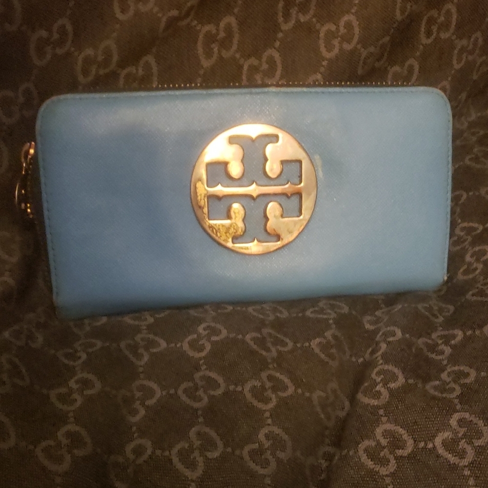 Tory Burch Sky Blue Wallet with Gold Emblem